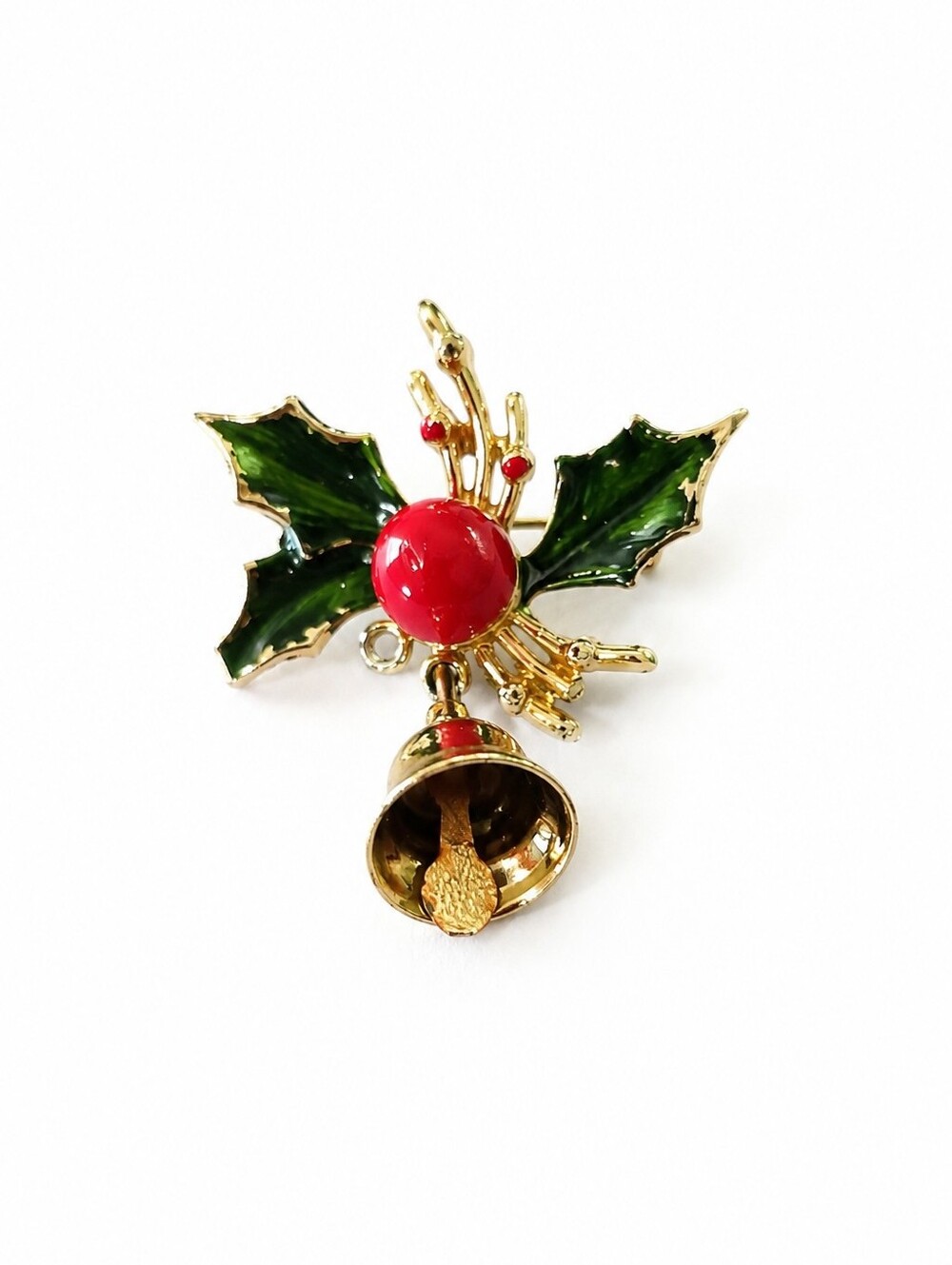 Vintage Christmas Holly Bell Brooch Pin Gold Tone Red Green Enamel Holiday Jewel